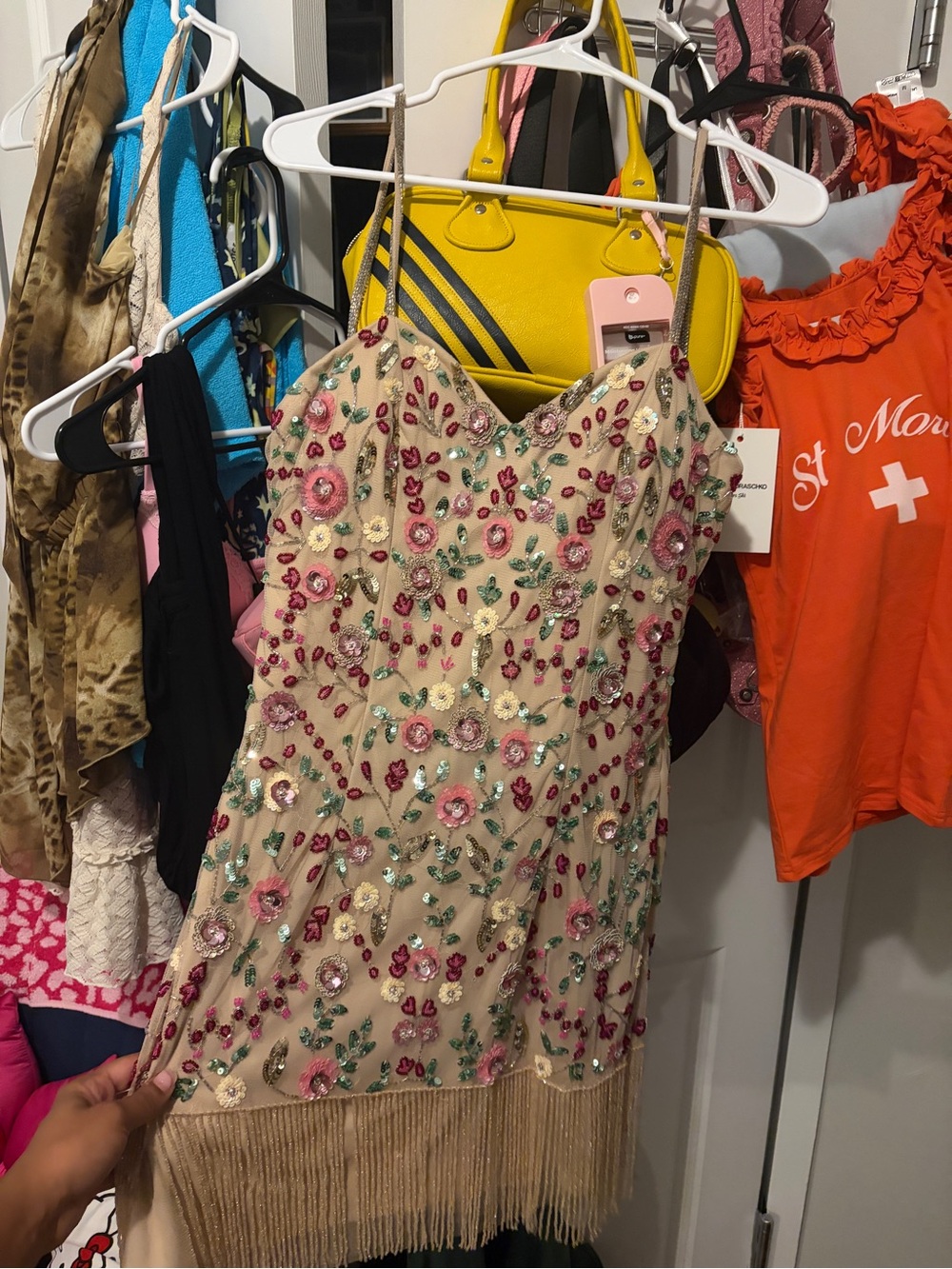 Embellished Beige Floral Mini Dress with Fringe